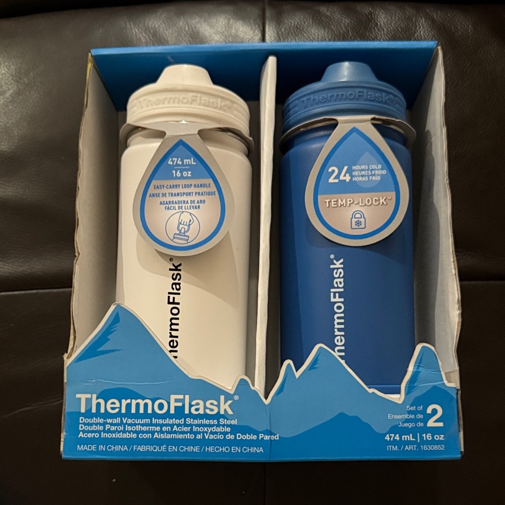 ThermoFlask Kids Insulated Water Bottle Set - Blue and White